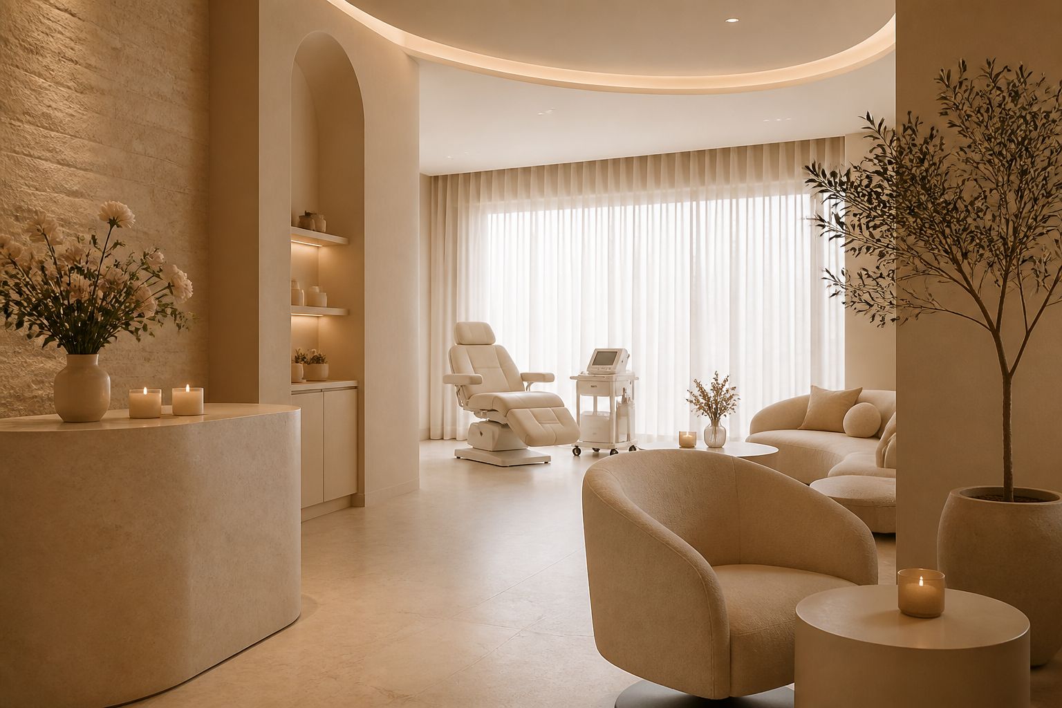 The luminous cream-toned treatment lounge at Seraphine Aesthetics in Beverly Hills