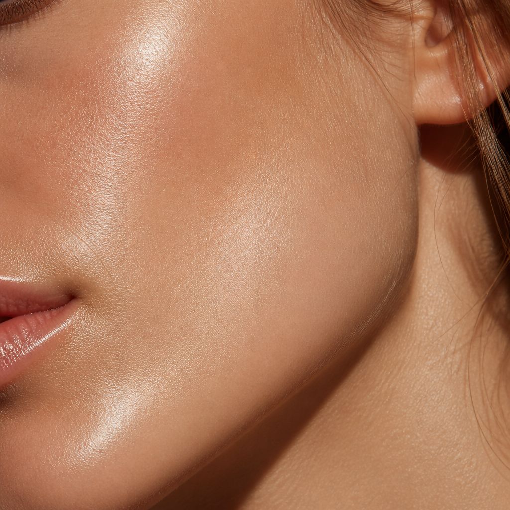 Close-up of naturally radiant, healthy skin with a soft dewy finish