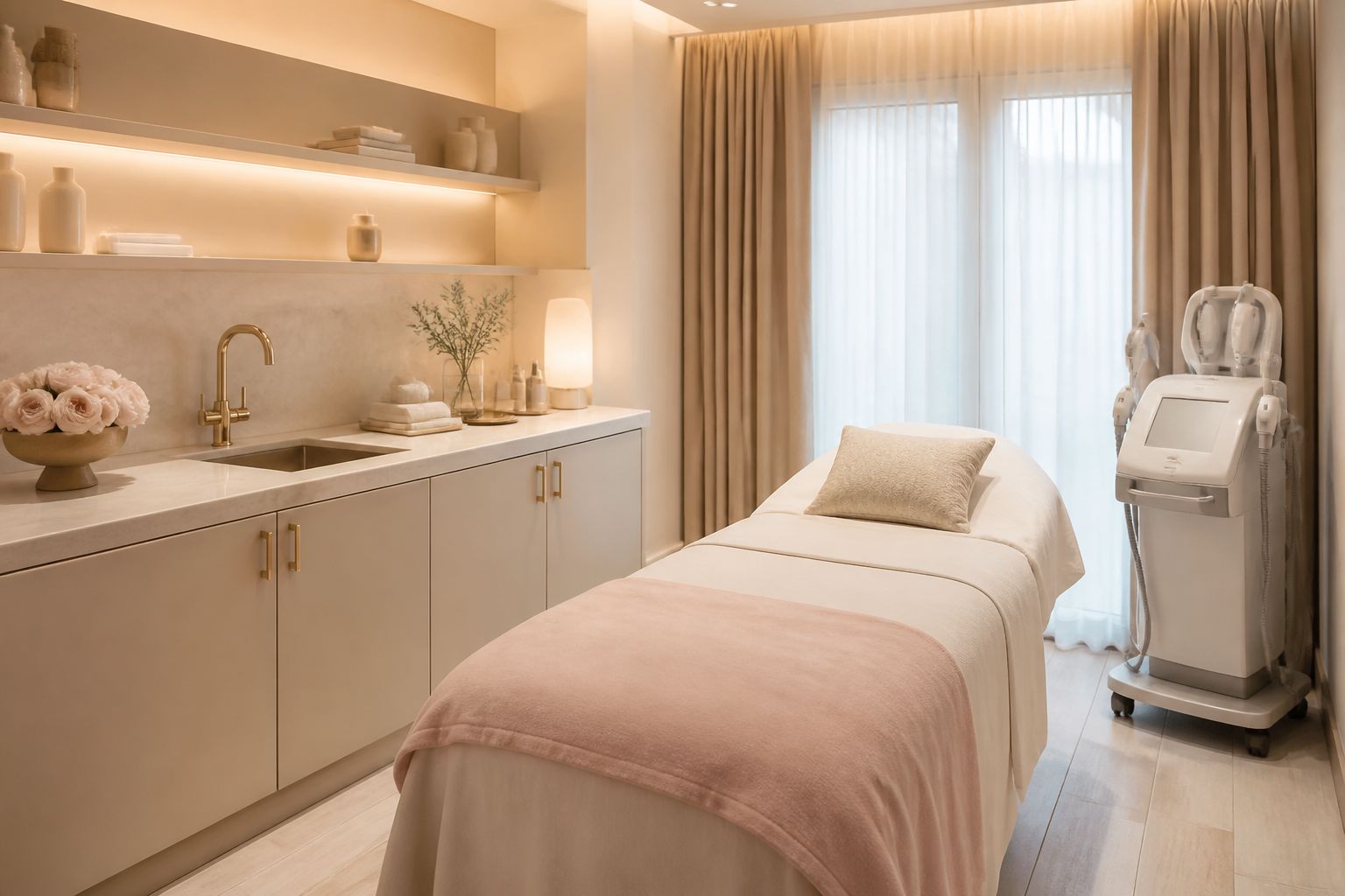 A private treatment suite at Seraphine — a single dressed table, warm light and gold-accented cabinetry
